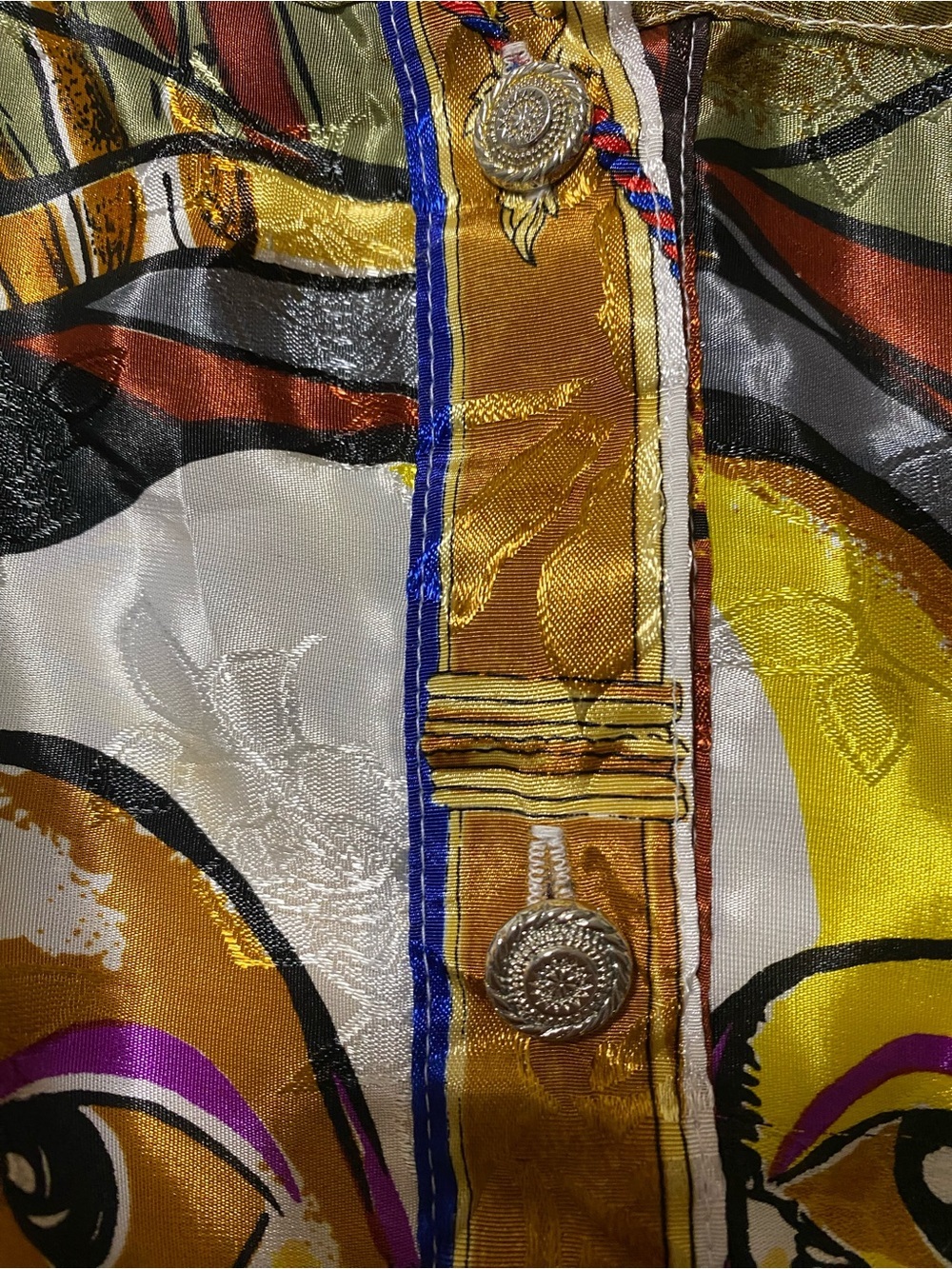 Artistic Abstract Face Print Bomber Jacket in Olive, Gold, Black - Picture 5 of 9
